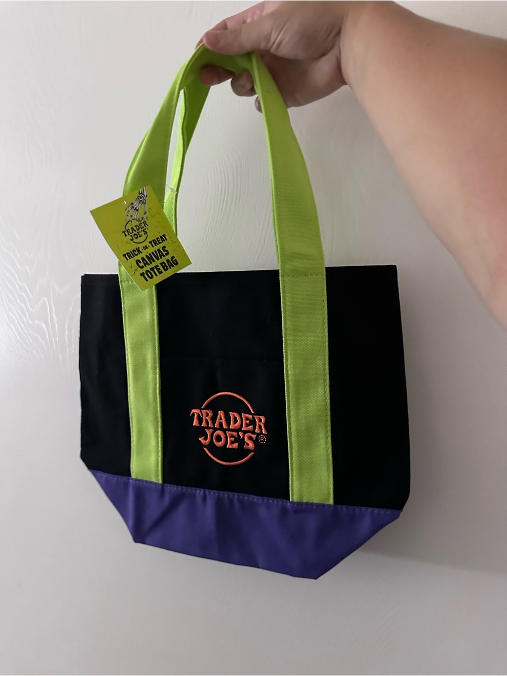 NWT Trader Joe's Black Canvas Tote with Lime Handles and Purple Base